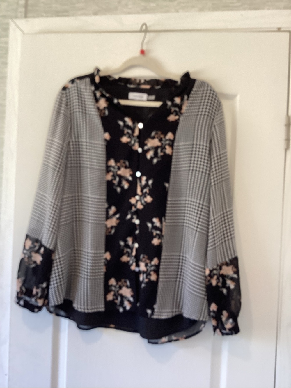 Calvin Klein Black Floral & Gray Plaid Mixed-Print Blouse XL EUC